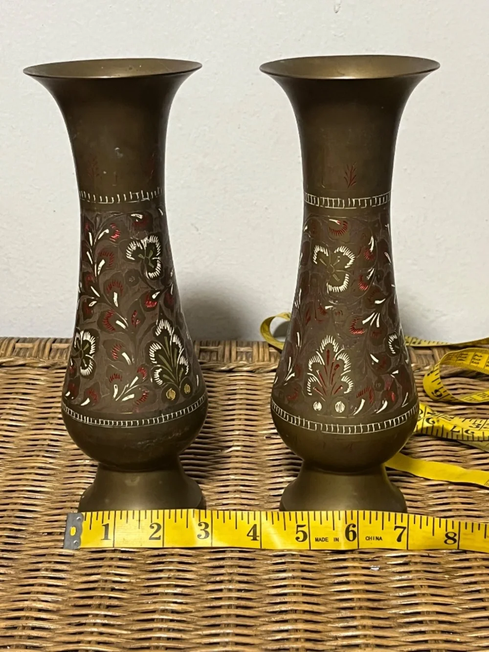 Vintage Pair of Colored Etched Brass Vases Made In India 1970s